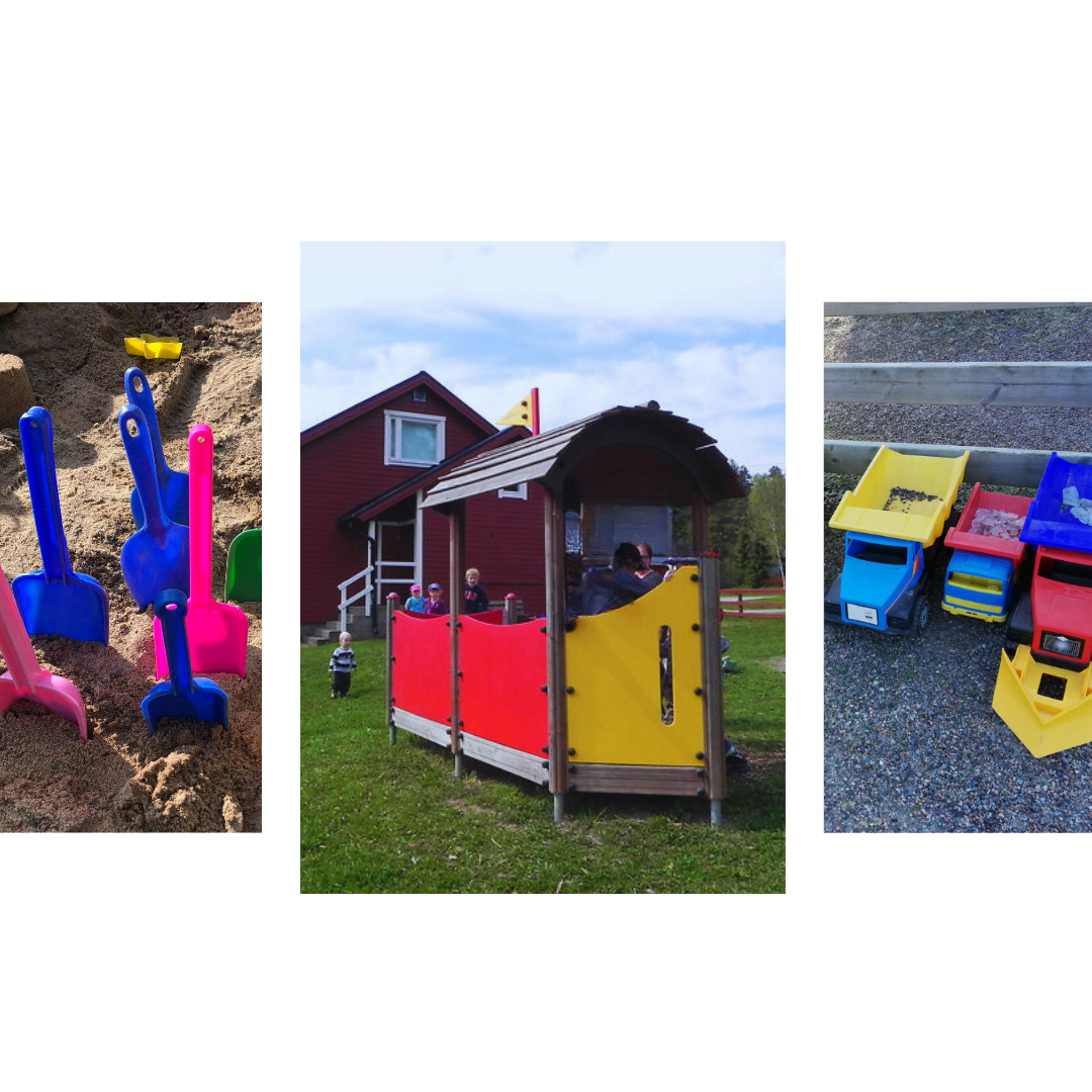 kuvassa leikkitraktoreita, hiekkalapioita, lasten leikkipaikka