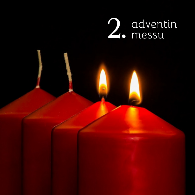 kaksi punaista kynttilää palamassa mustaa taustaa vasten sekä teksti 2. adventti